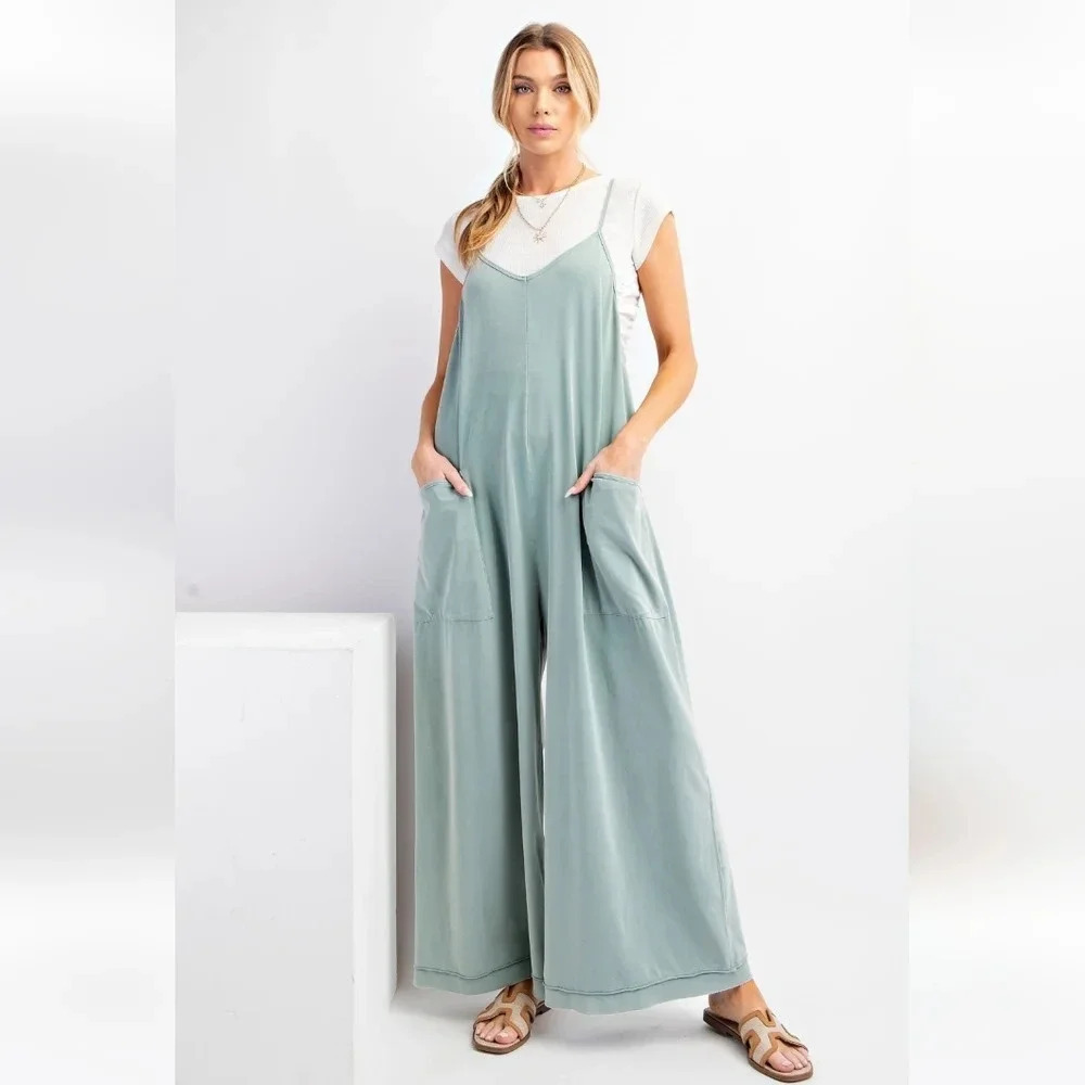 Easel Dusty Blue Mineral Washed Cotton Jumpsuit New